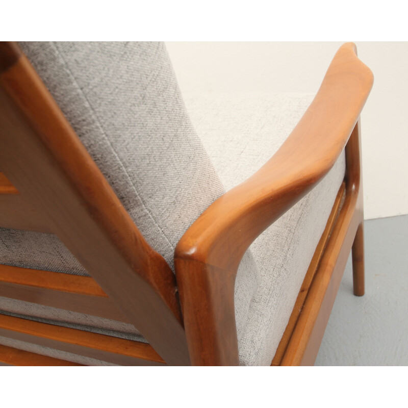 Vintage light grey armchair in cherrywood, 1960s