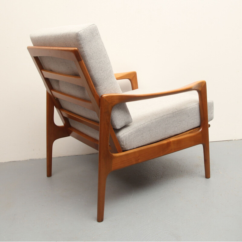 Vintage light grey armchair in cherrywood, 1960s
