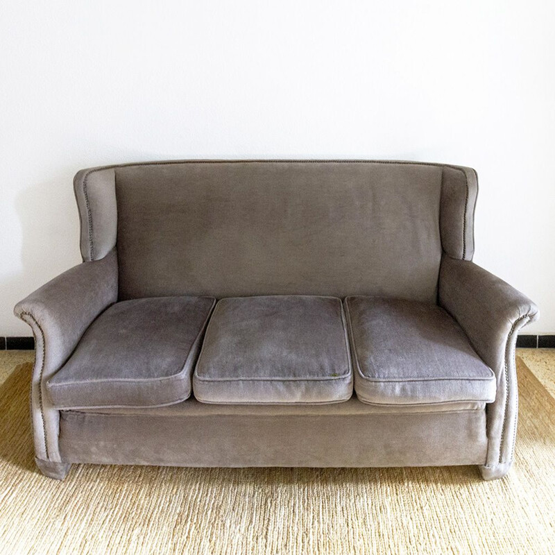 Vintage grey velvet sofa, 1970s