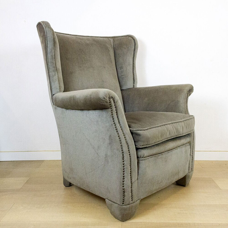 Vintage grey velvet wing armchair, 1970s