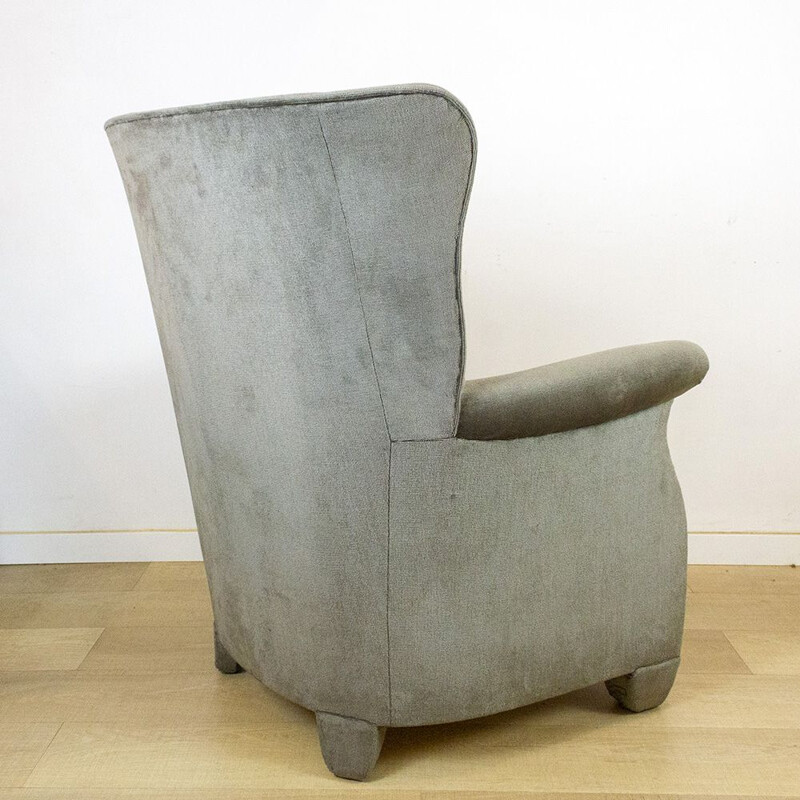 Vintage grey velvet wing armchair, 1970s