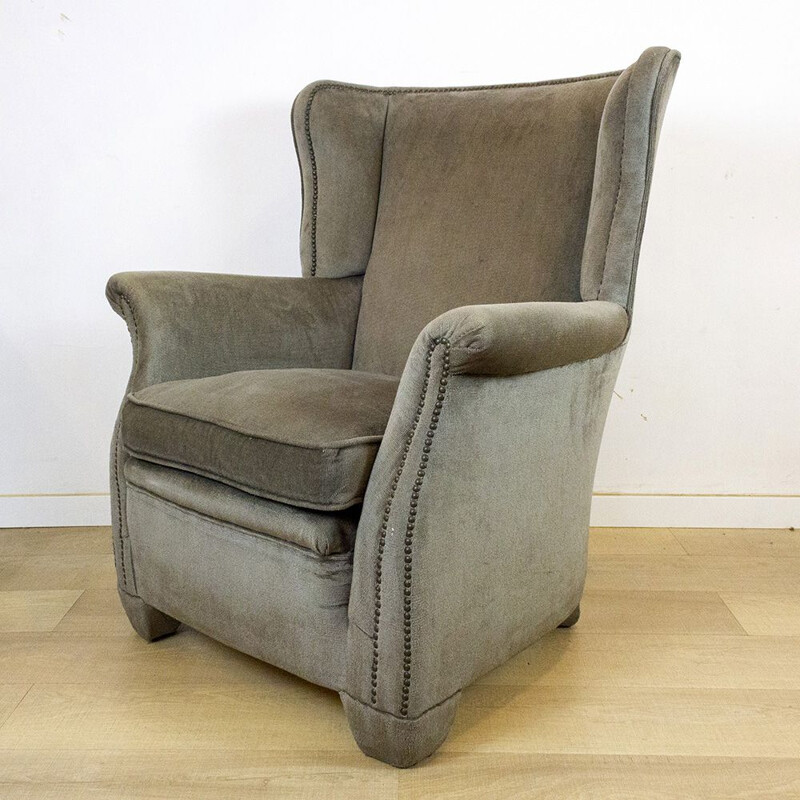 Vintage grey velvet wing armchair, 1970s