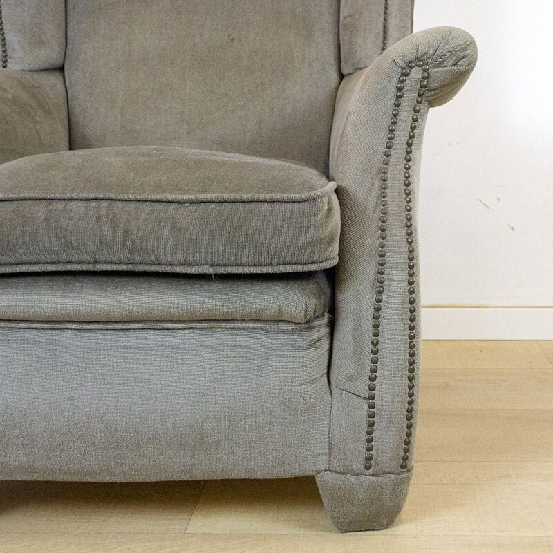 Vintage grey velvet wing armchair, 1970s