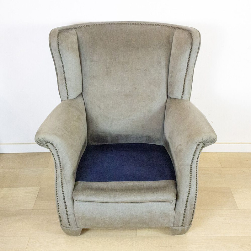Vintage grey velvet wing armchair, 1970s