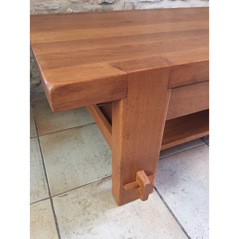 Vintage 2 tier coffee table in solid elm by Pierre Chapo, 1960