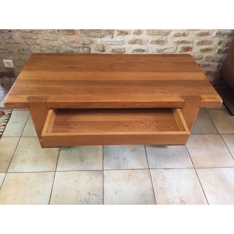 Vintage massief iepenhouten salontafel met 2 verdiepingen van Pierre Chapo, 1960