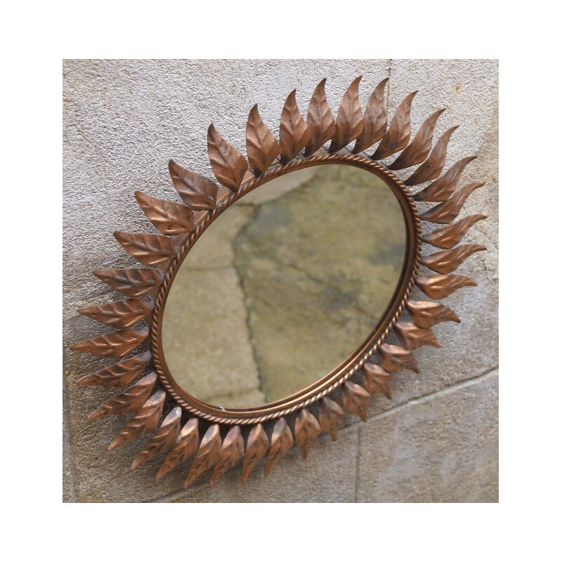 Mid century copper mirror with plant motif, 1970