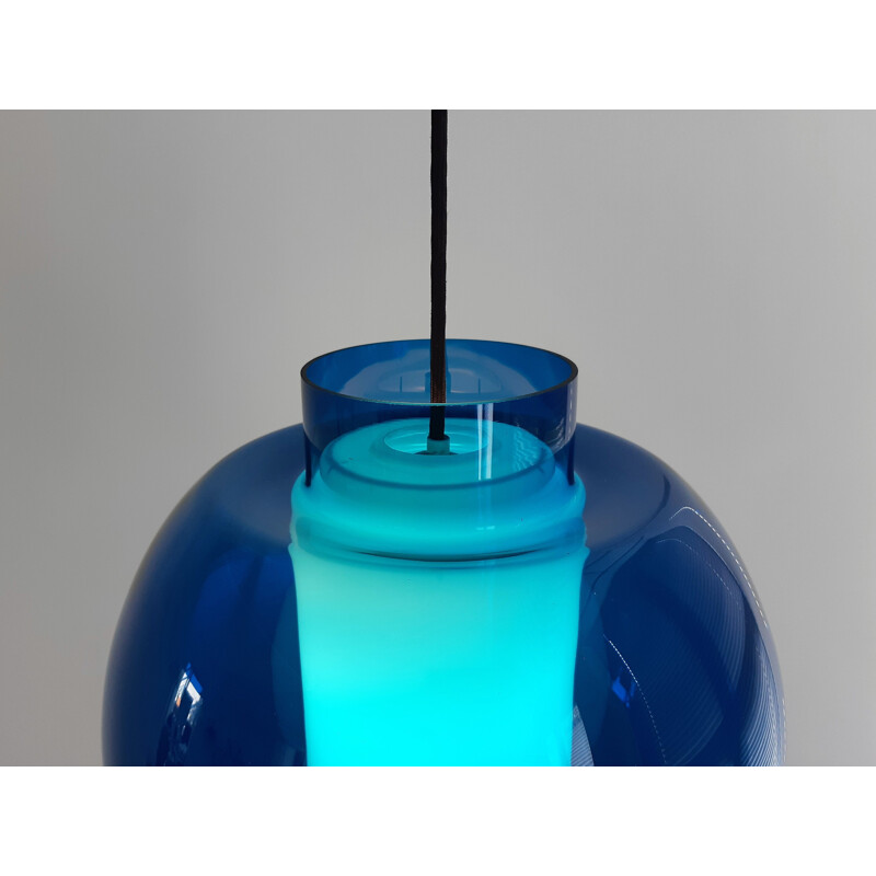 Vintage blue and opaline glass pendant lamp, 1960s