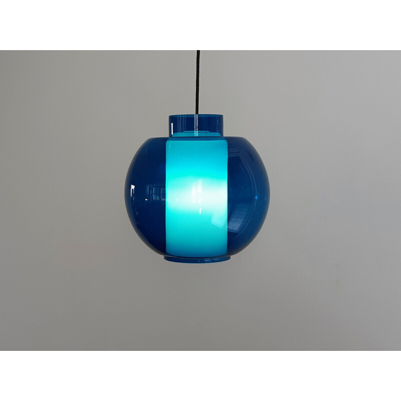 Vintage blue and opaline glass pendant lamp, 1960s