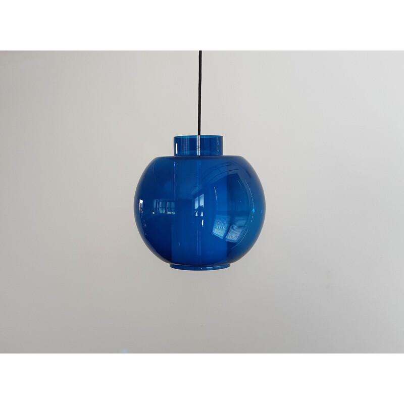 Vintage blue and opaline glass pendant lamp, 1960s