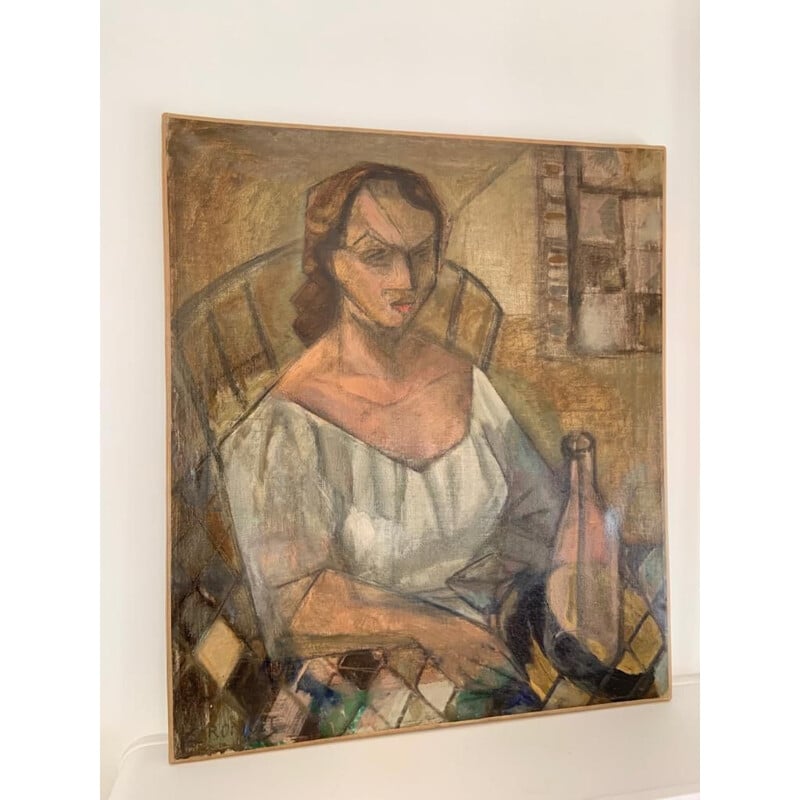 Vintage cubist oil on canvas by Elisabeth Ronget