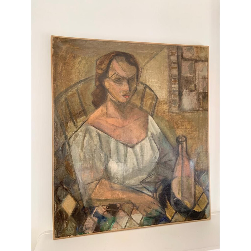 Vintage cubist oil on canvas by Elisabeth Ronget