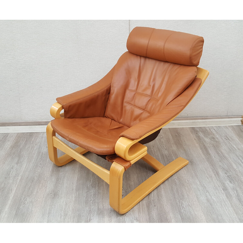 Danish Apollo vintage natural brown leather lounge chair by Svend Skipper for Skipper, 1970s