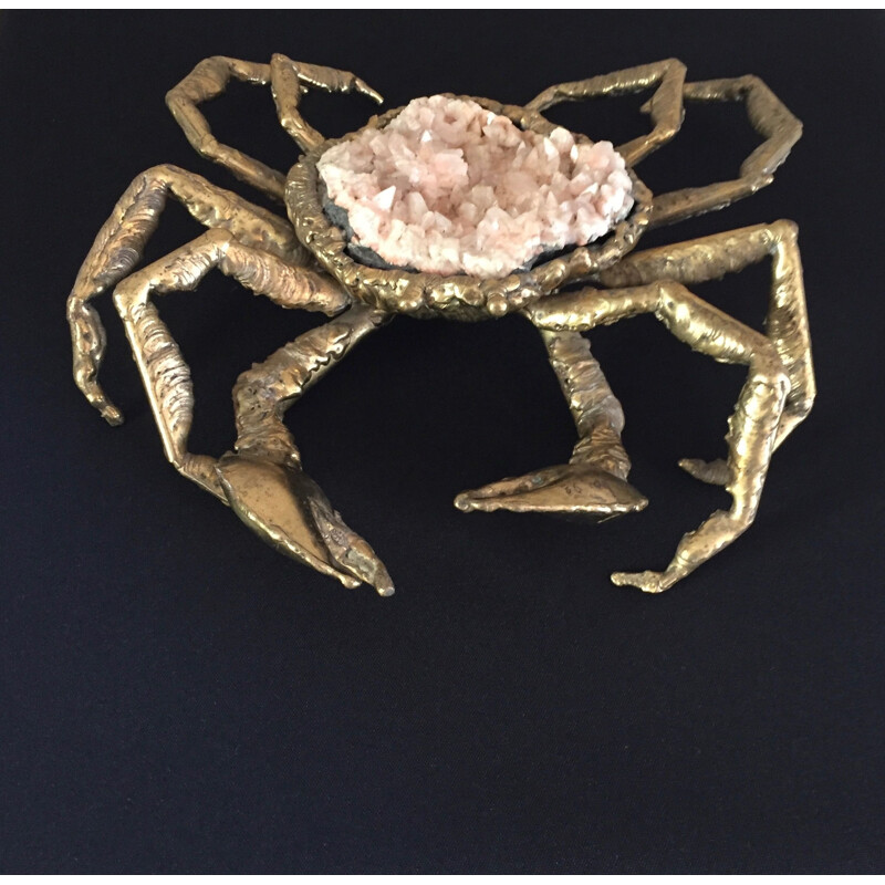 Escultura de caranguejo aranha vintage em latão e quartzo rosa de Richard e Isabelle Faure