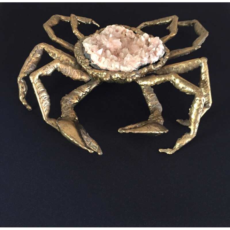 Sculpture of a vintage spider crab in brass and rose quartz by Richard and Isabelle Faure