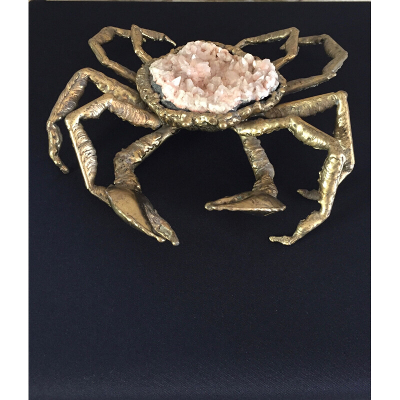 Sculpture of a vintage spider crab in brass and rose quartz by Richard and Isabelle Faure