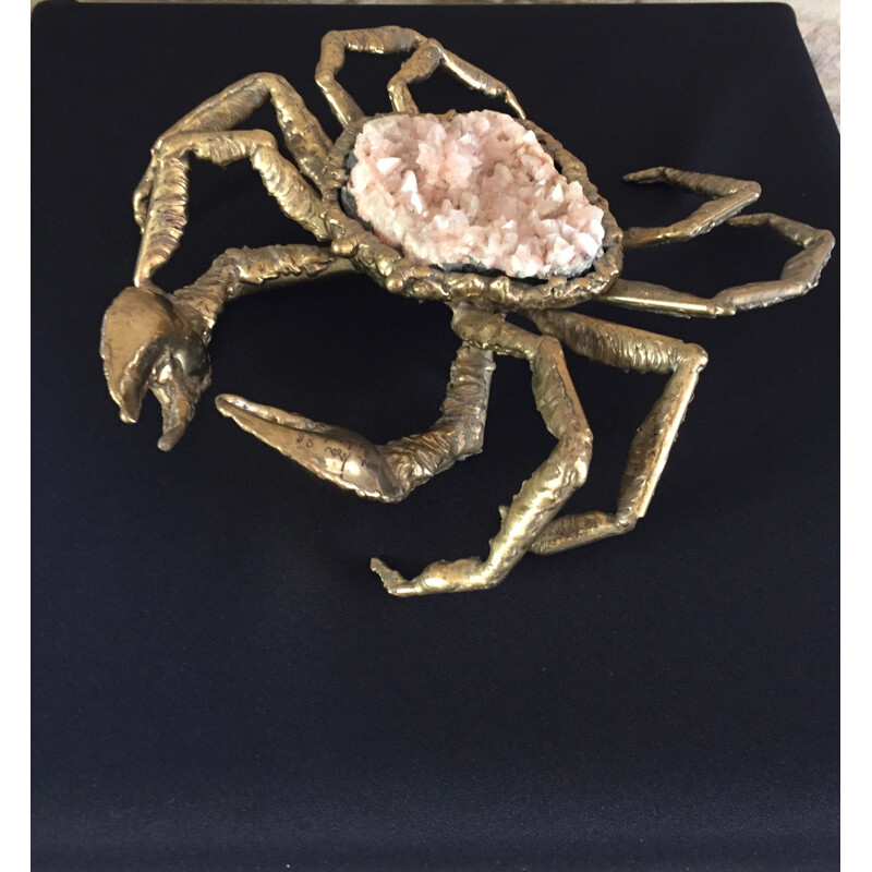 Sculpture of a vintage spider crab in brass and rose quartz by Richard and Isabelle Faure