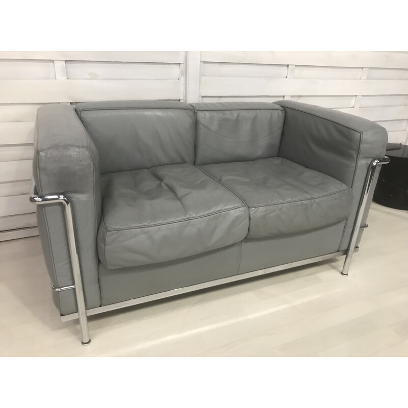 LC2 vintage sofa in pearl grey leather by Le Corbusier for Cassina, 1970