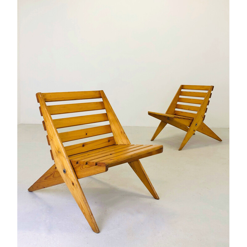 Pair of vintage "scissor" folding armchairs in fir, 1950s