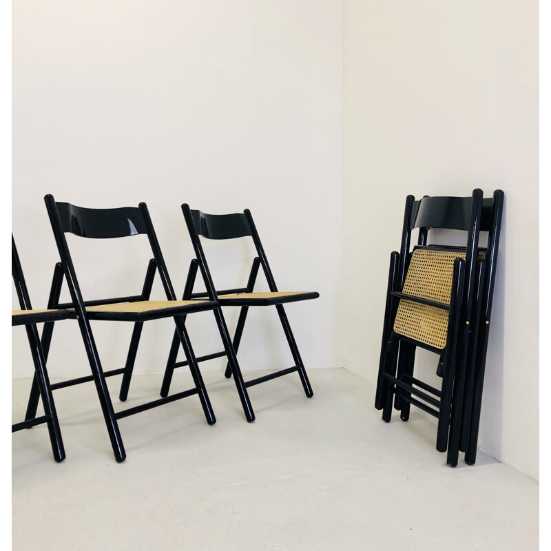 Ensemble de 5 chaises pliantes vintage en canne et laquées noir, 1970