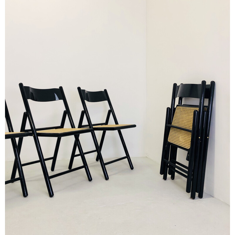 Set of 5 vintage folding chairs in cane and black lacquer, 1970