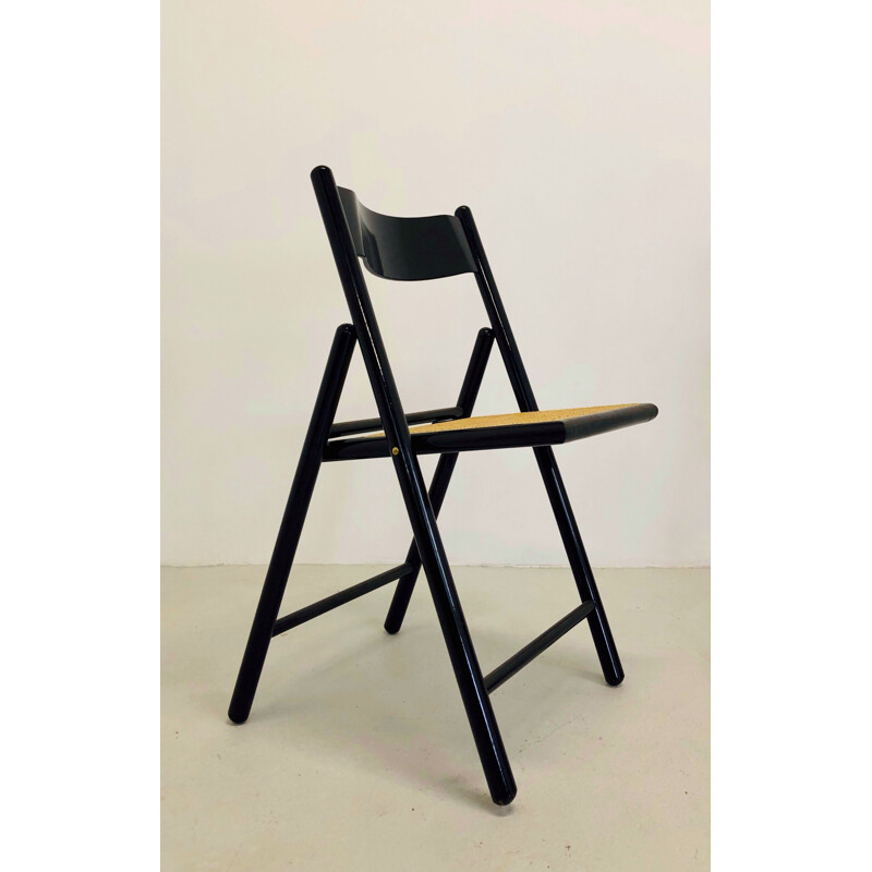 Set of 5 vintage folding chairs in cane and black lacquer, 1970