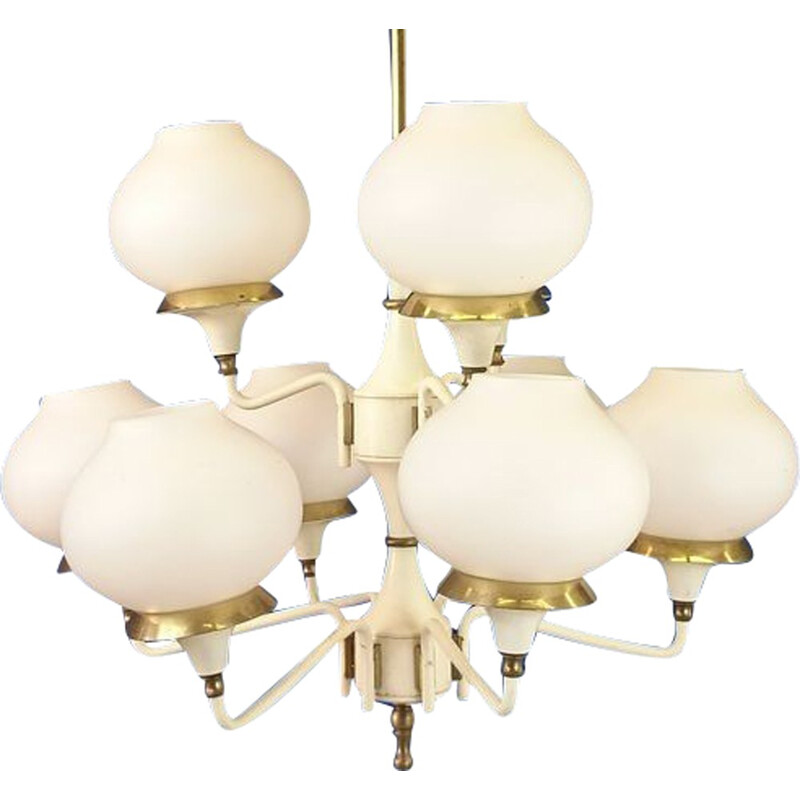 Mid-century chandelier in white lacquered metal and opaline - 1960s