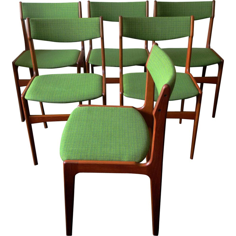 Ensemble de 6 chaises vintage en teck et tissu de laine vert par Erik Buch, Danemark 1960