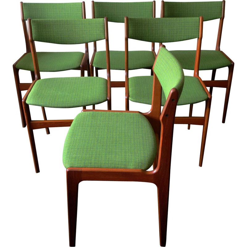 Set of 6 vintage teak and green wool fabric chairs by Erik Buch, Denmark 1960s