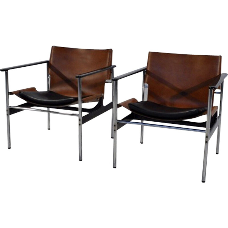 Pair of Knoll "Sling" armchairs in brown leather and steel, Charles POLLOCK - 1960s