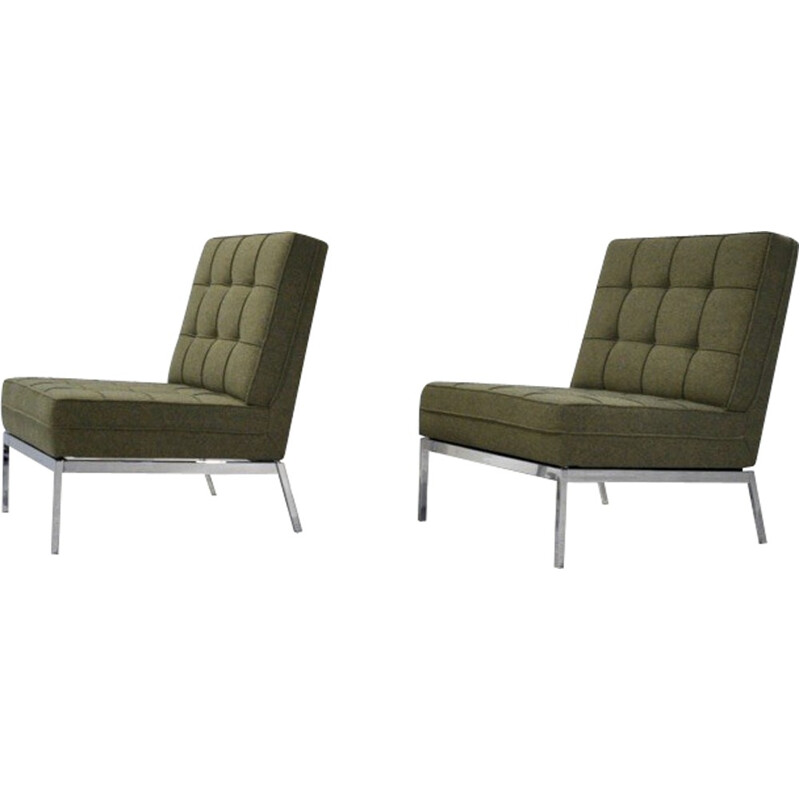 Pair of Knoll low chairs in green fabric and chromed steel, Florence KNOLL - 1960s