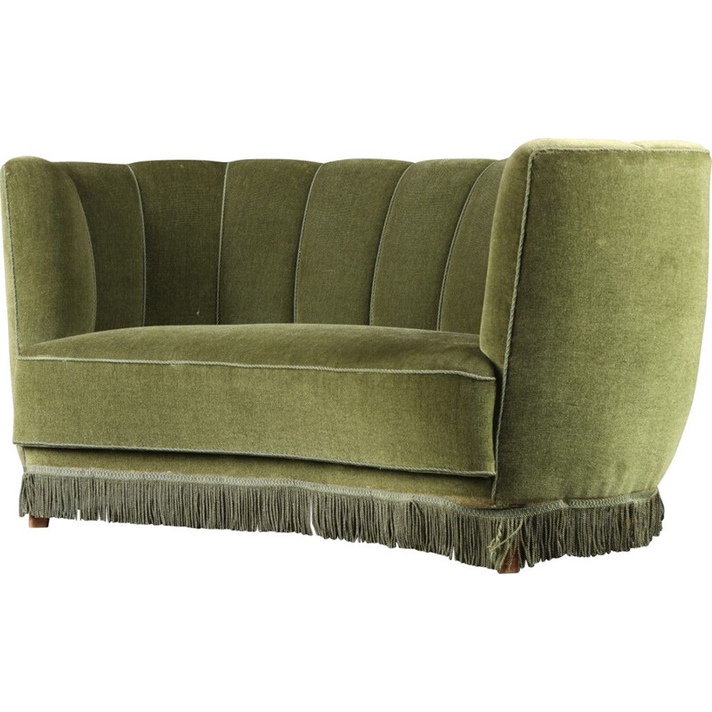 Danish vintage beechwood and green velor fabric sofa, 1940s