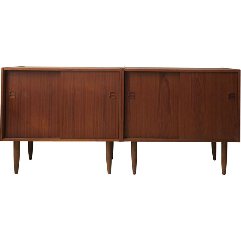 Pair of vintage Danish teak credenzas with sliding doors, 1960s