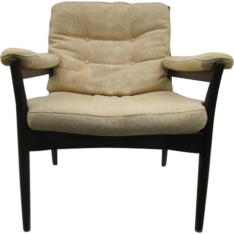 Swedish mid-century armchair in beige fabric and dark walnut - 1970s