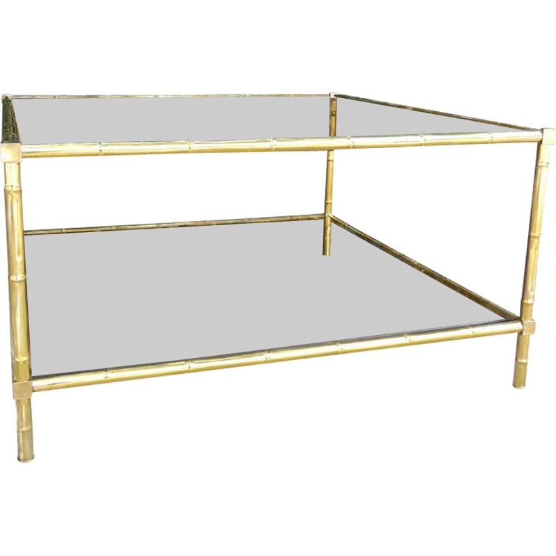 Brass vintage coffee table in bamboo shape smoked glasse by Maison Bagues