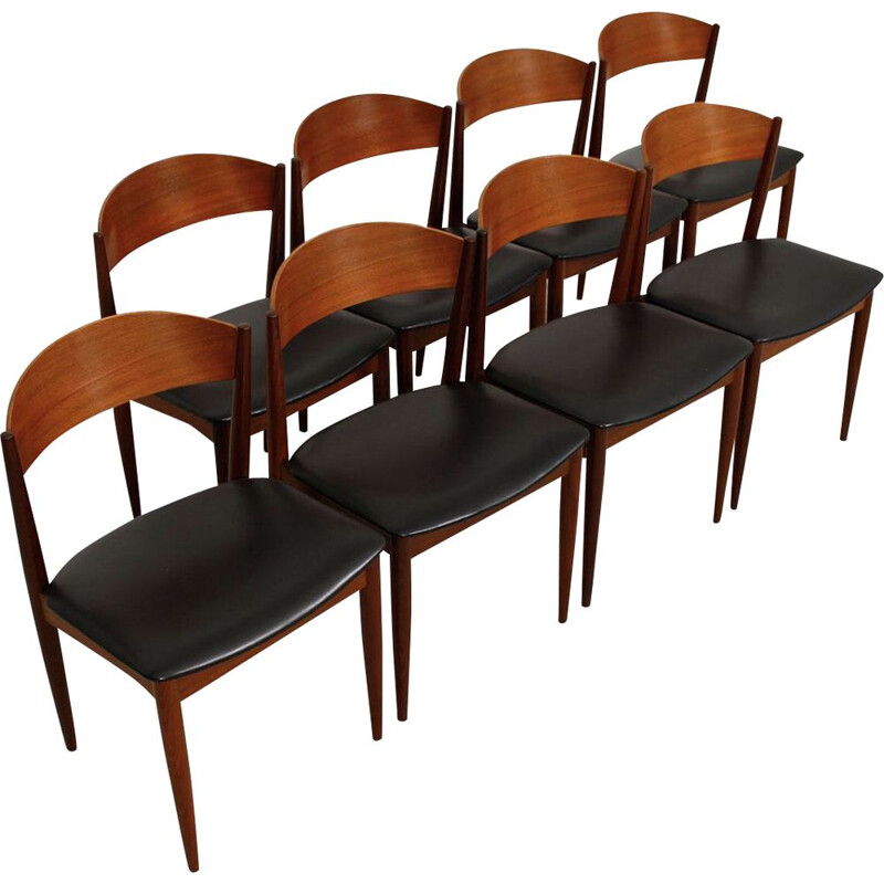 Set of 8 vintage teak and black skai chairs by Jydsk Mobelindustri Skanderborg, Denmark 1960