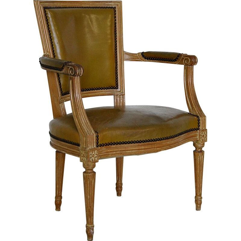 Vintage Louis XVI style beechwood and leather armchair by Maison Jansen, France 1960