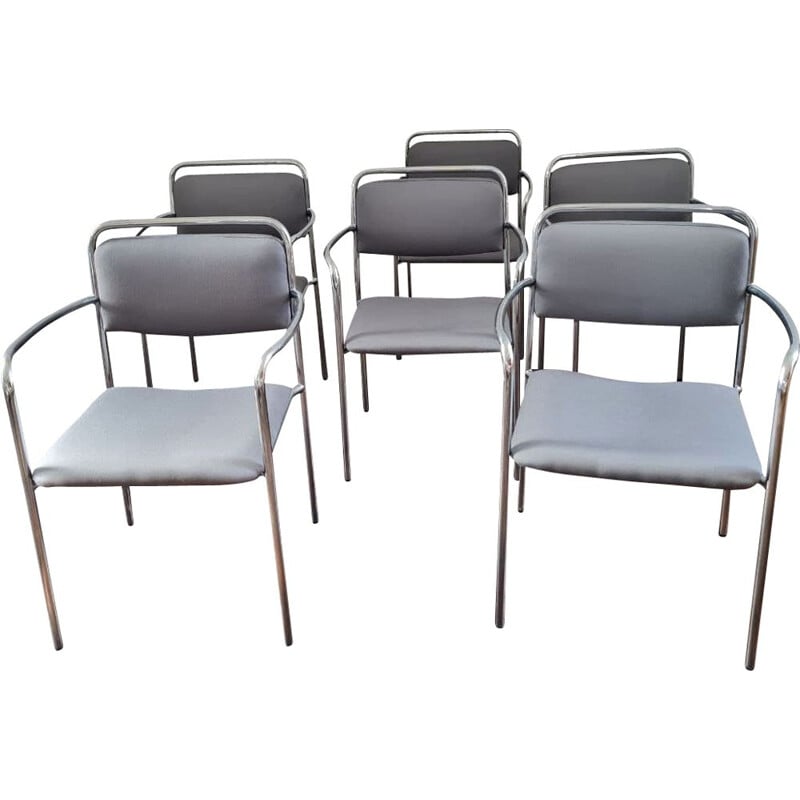 Set of 6 vintage grey chairs with armrests, GDR 1970s