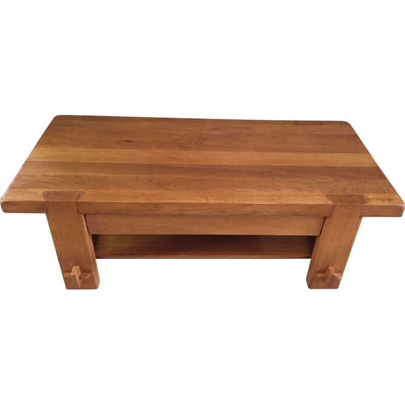 Vintage 2 tier coffee table in solid elm by Pierre Chapo, 1960