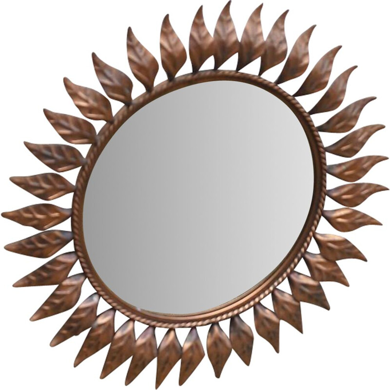 Miroir cuivré vintage à motif végétal, 1970