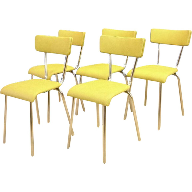 Suite de 5 chaises vintage en inox & simili jaune paille - 1960