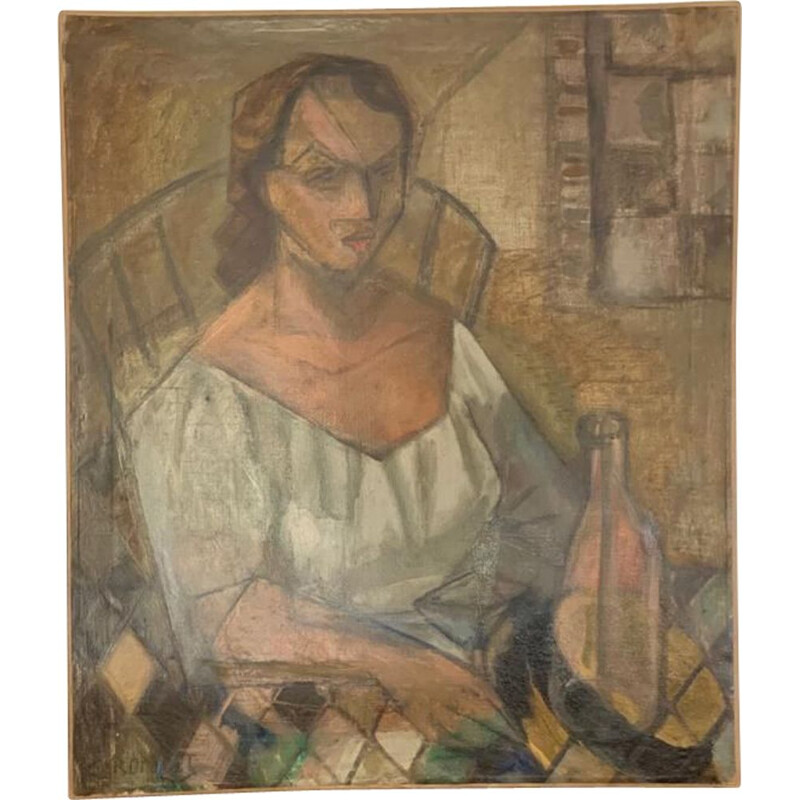 Vintage cubist oil on canvas by Elisabeth Ronget