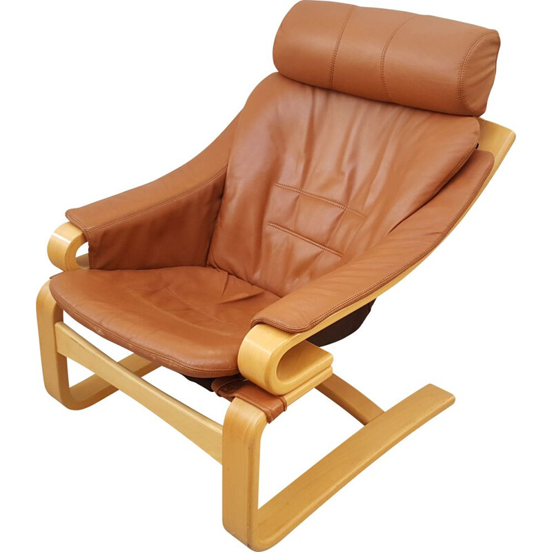 Danish Apollo vintage natural brown leather lounge chair by Svend Skipper for Skipper, 1970s