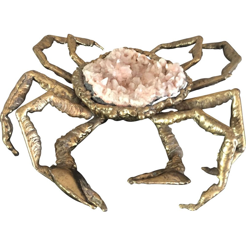 Sculpture of a vintage spider crab in brass and rose quartz by Richard and Isabelle Faure