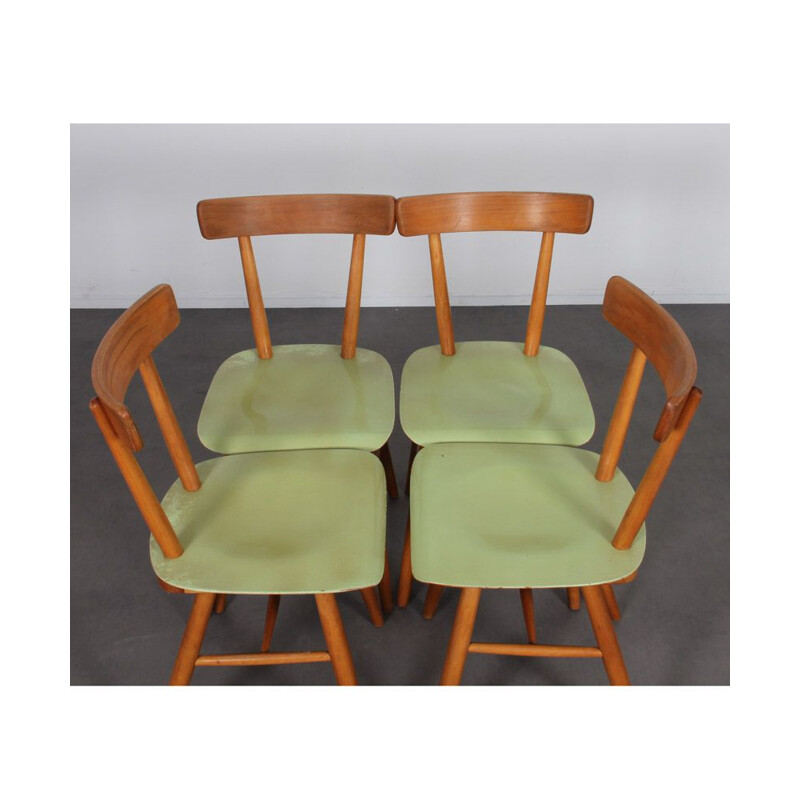 Set of 4 vintage green chairs by Ton, 1960