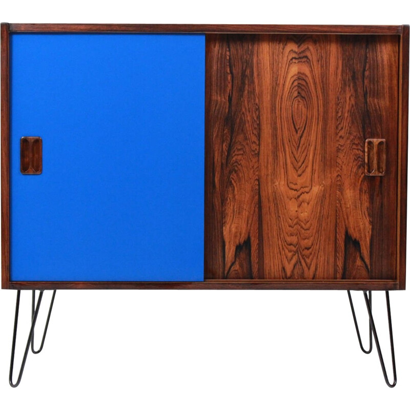 Blue cabinet in rosewood with hairpin legs in metal - 1960s