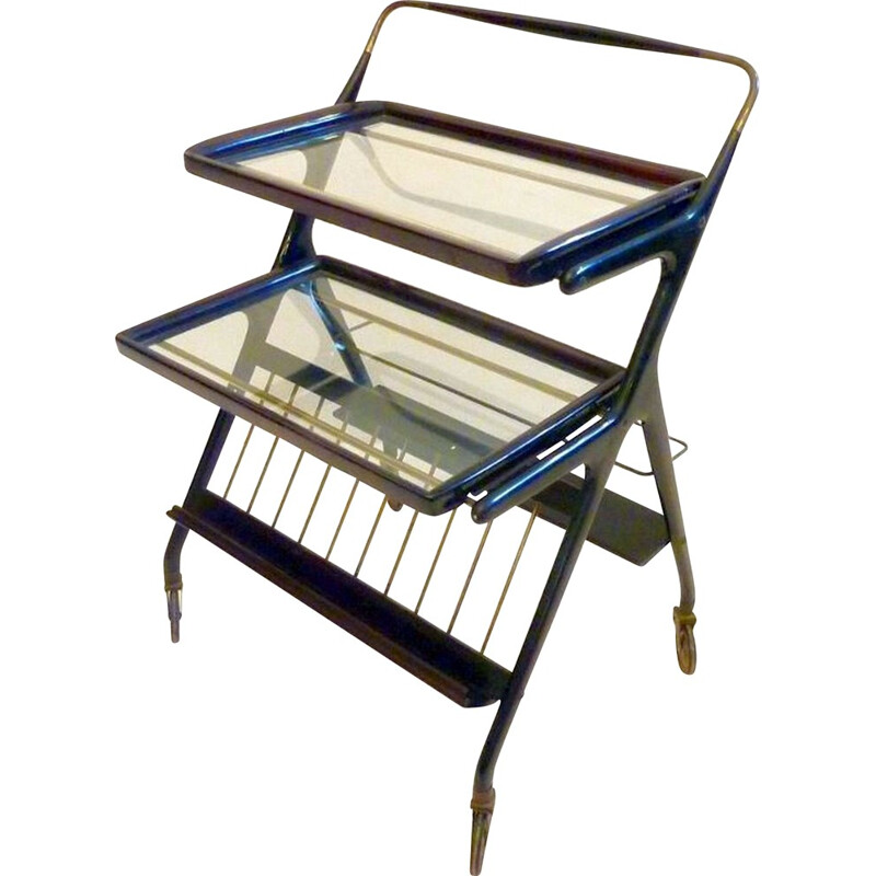 Multi functional Italian trolley in brass and wood, Ico PARISI - 1950s