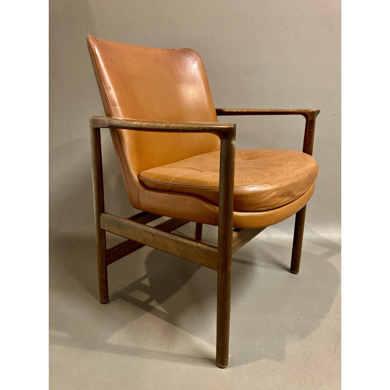 Vintage leather armchair scandinavian by Kofod Larsen 1950s