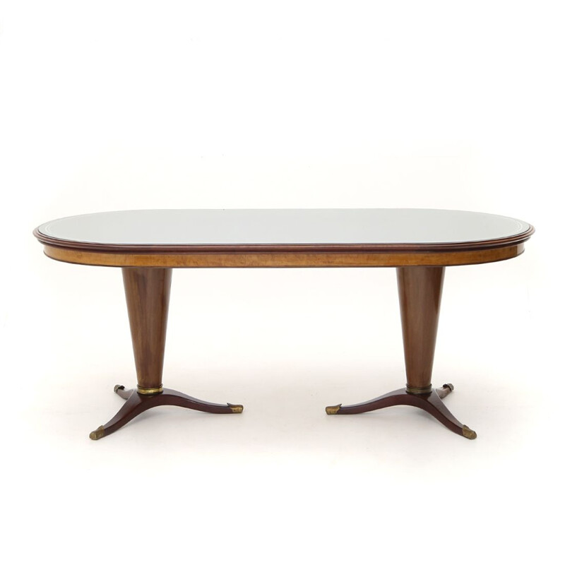 Mid century table with glass top and double central leg, 1950s
