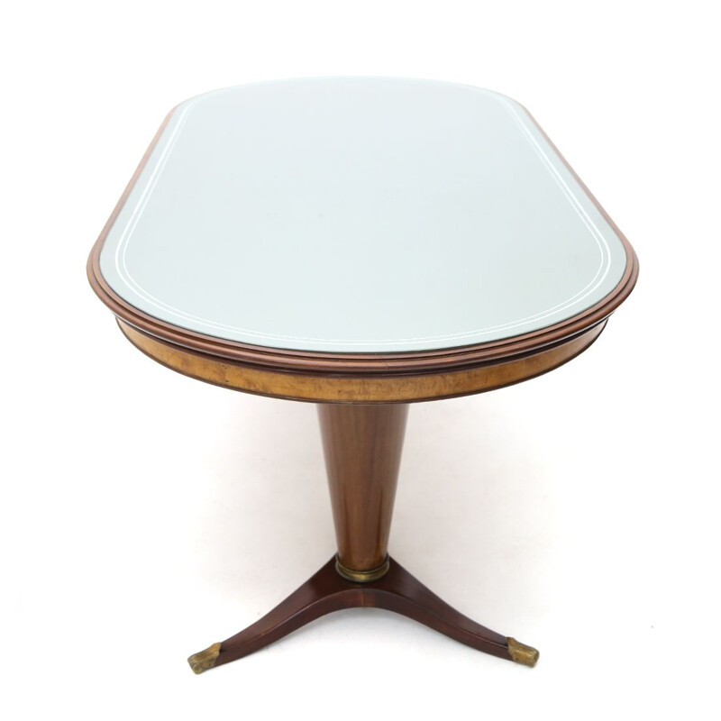 Mid century table with glass top and double central leg, 1950s